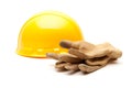 Yellow Hard Hat and Gloves on White Royalty Free Stock Photo