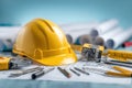 Yellow hard hat placed on blueprints surrounded by various tools, measuring instruments, and construction materials, symbolizing Royalty Free Stock Photo
