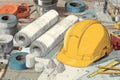 Yellow hard hat placed on a work table surrounded by blueprints, tools, and various construction materials, illustrating the Royalty Free Stock Photo