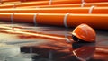 A yellow hard hat is positioned on top of a stack of orange conduit pipes at a construction site Royalty Free Stock Photo