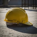 Yellow hard hat resting on a concrete surface at a construction site Royalty Free Stock Photo