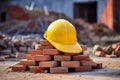 Yellow hard hat resting on a pile of bricks at a construction site. Generative AI Royalty Free Stock Photo