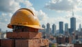 A yellow hard hat rests on a stack of bricks with a city skyline in the background. The scene captures an urban Royalty Free Stock Photo