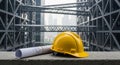 Yellow Hard Hat And Rolled Blueprints On A Concrete Surface At Construction Site image photo Royalty Free Stock Photo