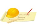 Yellow hard hat ruler and pencil on house plan drawing Vector illustration. Royalty Free Stock Photo