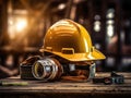 Yellow hard hat, safety glasses, and flashlight placed on top of wooden table. The hard hat is positioned in center of Royalty Free Stock Photo