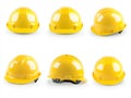 A yellow hard hat shown from different angles, depicted as a safety helmet isolated on a white background, created as a Royalty Free Stock Photo
