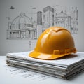 A yellow hard hat sits on top of a stack of papers Royalty Free Stock Photo