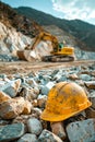 A yellow hard hat sitting on top of a pile of rocks. Generative AI Royalty Free Stock Photo