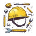 Yellow hard hat surrounded by tools construction safety equipment work Royalty Free Stock Photo
