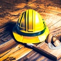 Yellow hard hat and tool belt on wooden floor. Royalty Free Stock Photo