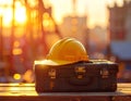 Yellow hard hat on toolbox at construction site during sunset Royalty Free Stock Photo