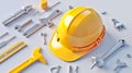 Yellow hard hat and tools arranged neatly on a white surface. Perfect for construction projects and safety protocols Royalty Free Stock Photo