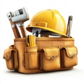 Yellow hard hat and tools in leather bag construction worker equipment Royalty Free Stock Photo