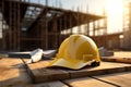 Yellow hard hat on a wooden table in front of a construction site Royalty Free Stock Photo