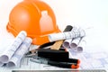 Yellow hard hat and working tools Royalty Free Stock Photo