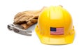 Yellow Hardhat with an American Flag Decal on the Front with Hammer and Gloves Isolated on White Background Royalty Free Stock Photo