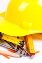 Yellow hardhat and tools Royalty Free Stock Photo