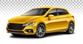 Yellow hatchback generic car. City car with glossy surface on white background.