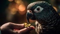 Yellow hawk perching on branch, close up portrait, feeding outdoors generated by AI