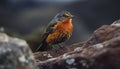 Yellow headed blackbird perching on snowy branch, looking at camera generative AI