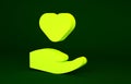 Yellow Heart in hand icon isolated on green background. Hand giving love symbol. Valentines day symbol. Minimalism Royalty Free Stock Photo