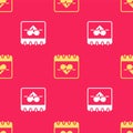 Yellow Heart rate icon isolated seamless pattern on red background. Heartbeat sign. Heart pulse icon. Cardiogram icon