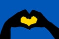 Yellow heart shape made of two black palms isolated on blue background. Love symbol. Peace concept. Ukrainian flag colors. Falling