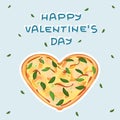 Yellow Heart shaped pizza with cheese. Blue Happy Valentines Day text, green leaves are around