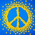 Yellow hearts forming the peace sign. Papercut concept with Ukrainian colors - yellow and blue