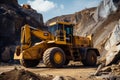 Yellow heavy equipment truck in the quarry. Beautiful illustration picture. Generative AI