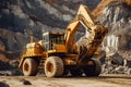 Yellow heavy equipment truck in the quarry. Beautiful illustration picture. Generative AI