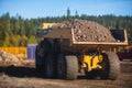 Yellow heavy excavator and dump tip truck tipper excavating sand and working during road works, unloading sand during construction Royalty Free Stock Photo