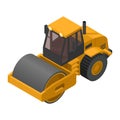Yellow heavy machinery with 3d isometric soil compactor and flattening roller