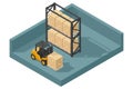 Yellow heavy machinery with isometric forklift lifting pallets and boxes to a warehouse rack