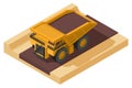Yellow heavy machinery with isometric mining truck on the ground for construction and mining work