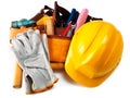 Yellow helmet and different tools isolated Royalty Free Stock Photo