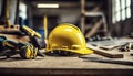 yellow helmet on the table, construction equipments on the table, building helmet background Royalty Free Stock Photo