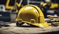 yellow helmet on the table, construction equipments on the table, building helmet background Royalty Free Stock Photo