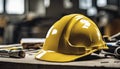 yellow helmet on the table, construction equipments on the table, building helmet background Royalty Free Stock Photo