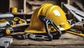 yellow helmet on the table, construction equipments on the table, building helmet background Royalty Free Stock Photo