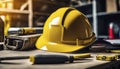yellow helmet on the table, construction equipments on the table, building helmet background Royalty Free Stock Photo