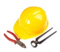 Yellow helmet and tools on an isolated Royalty Free Stock Photo