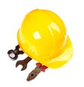 Yellow helmet and tools on an isolated Royalty Free Stock Photo