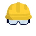 Yellow helmet worker. Safety glasses Builder. Cartoon flat illustration. Repair and engineering work