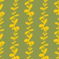 Yellow herbal eucalyptus elements seamless doodle pattern. Green pastel background. Summer backdrop