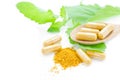 Yellow herbal medicine powder and capsules.