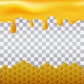 Yellow hexagonal realistic honeycomb seamless texture and flowing honey on transparent background