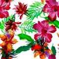 Yellow Hibiscus Decor. Pink Flower Decor. Purple Watercolor Decor. Red Floral Leaves. Colorful Seamless Backdrop. Green Pattern De Royalty Free Stock Photo