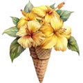 Yellow hibiscus flowers in waffle cone isolated on white background Royalty Free Stock Photo